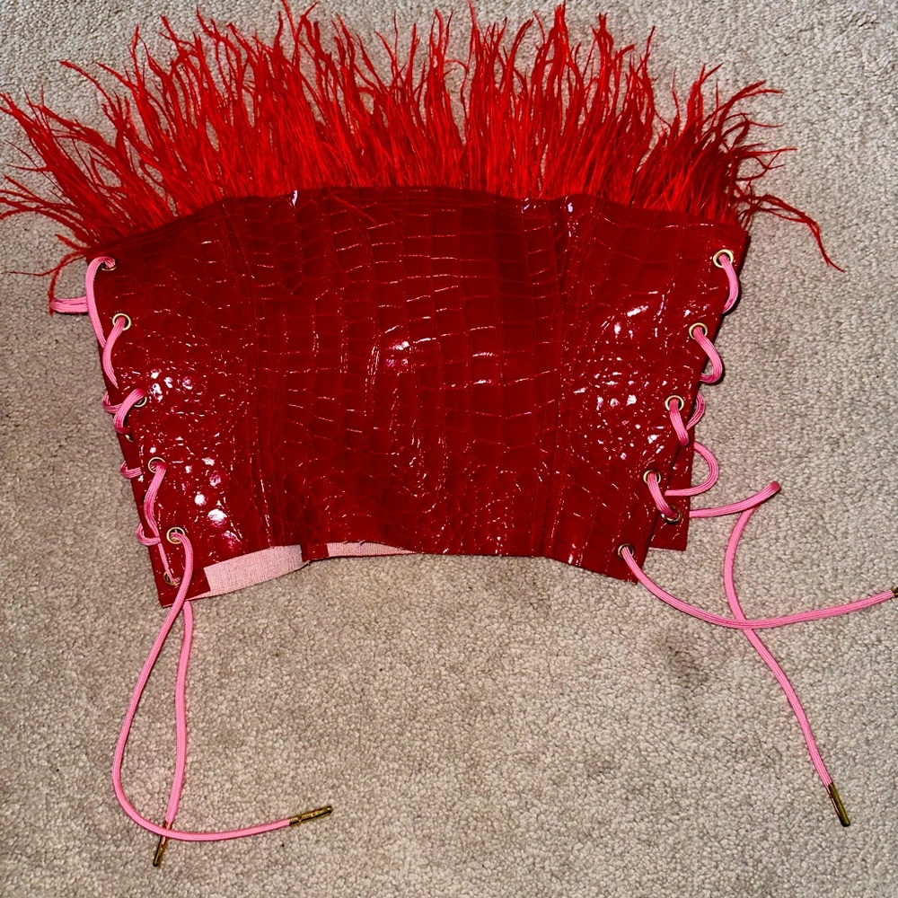 Red Pleather Croc Textured Cropped Bustier Tie Up Top with Pink Lace Up